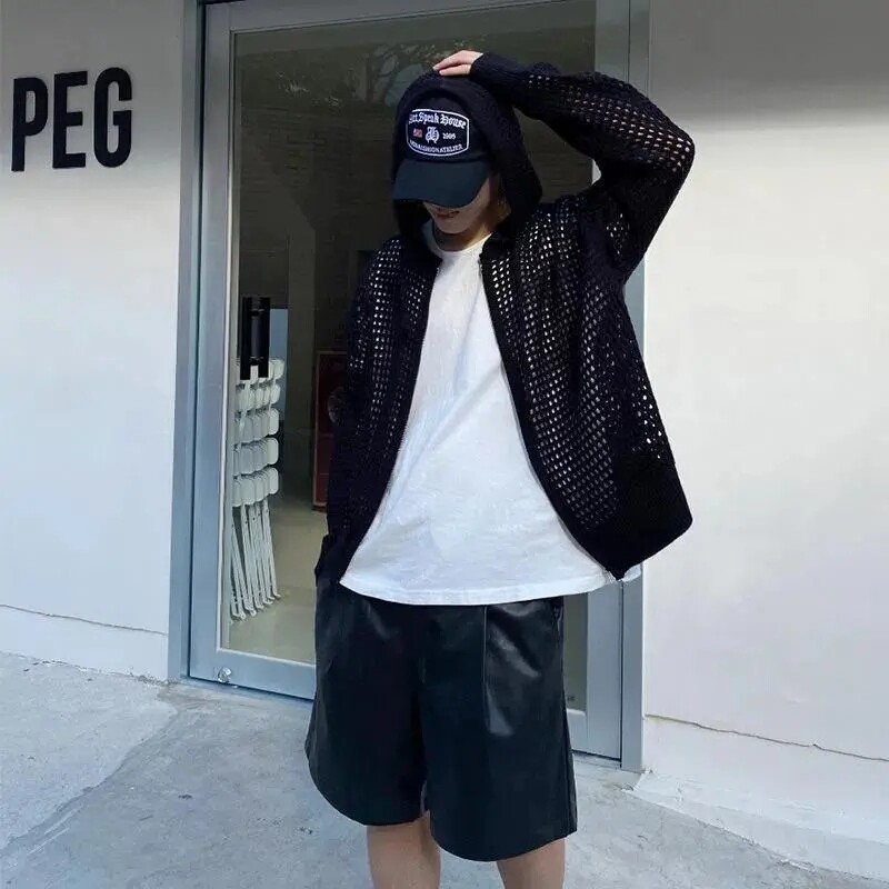 Vīriešu jaka ar izliektu kapuci pavasara/vasaras korejiešu vaļīgs tīklojums Trend Lazy Coat Ikdienas rāvējslēdzēja trikotāžas jaka High Streetwear