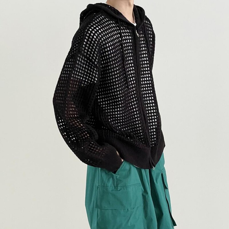 Vīriešu mētelis ar kapuci ar kapuci hiphopa jaka Stilīga vīriešu ziemas jaka ar dobu dizainu ar rāvējslēdzēja aizdari Vīriešu trikotāžas jaka