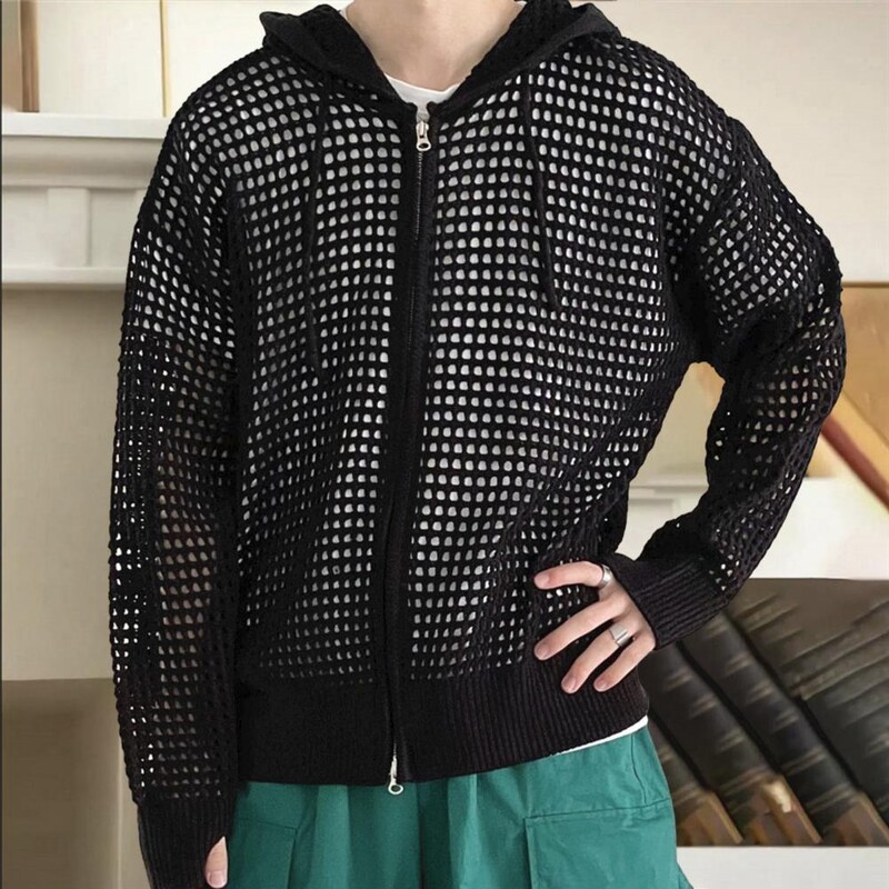 Vīriešu mētelis ar kapuci ar kapuci hiphopa jaka Stilīga vīriešu ziemas jaka ar dobu dizainu ar rāvējslēdzēja aizdari Vīriešu trikotāžas jaka