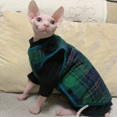 Kačių rūbai žiemiškai Žalia languota striukė be rankovių kačiukams Šiltas storas paltas Sfinksui Cat Fashion Megztinis Devon Rex