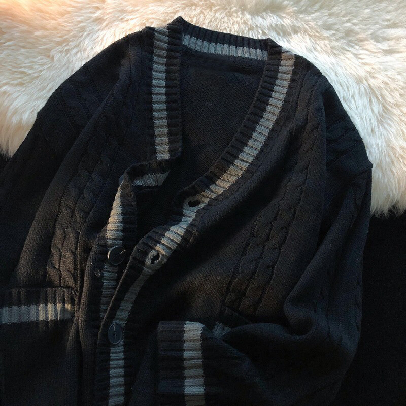 Pánske trendy kontrastné farby japonský štýl vintage jednoradové pletené kardigany pre mládež Y2K ležérne streetwear nadrozmerné svetre