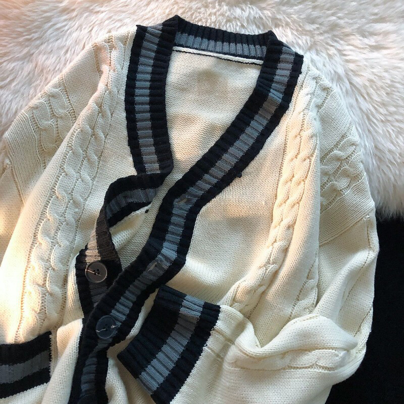 Pánske trendy kontrastné farby japonský štýl vintage jednoradové pletené kardigany pre mládež Y2K ležérne streetwear nadrozmerné svetre