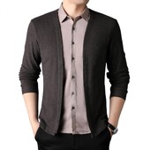 Elastický pánsky pletený kabát s falošným dvojdielnym kardiganom, úzkym strihom a jednofarebným štýlom na jeseň a ležérne oblečenie