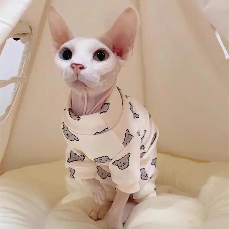 Pamut Szfinx kisállat macska ruhák tavaszi ősz tél rajzfilm kapucnis pulóverek Sfinx számára Kényelmes cica kombiné Devon Rex aranyos ing