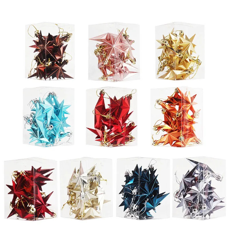 12gab Ziemassvētku eglītes rotājumi piekarināms kulons Mājas ballīte Ziemassvētku plastmasas galvanizācija astoņstūru zvaigznes formas pilienu rotājumi