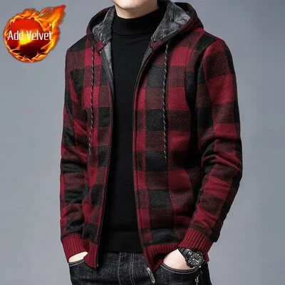 Pulover tricotat Fermoar pentru bărbați În carouri Îmbrăcăminte pentru bărbați Cardigan Hanorace cu fermoar Gros iarna Topuri roșii Pulovere Casual Elegant Ieftin A