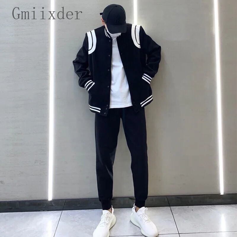 Gmiixder hiphopa vilnas beisbola formas jaka vīriešu sieviešu Preppy High Street Bomber jaka korejiešu ielu apģērbi ar pogas augšējo mēteli