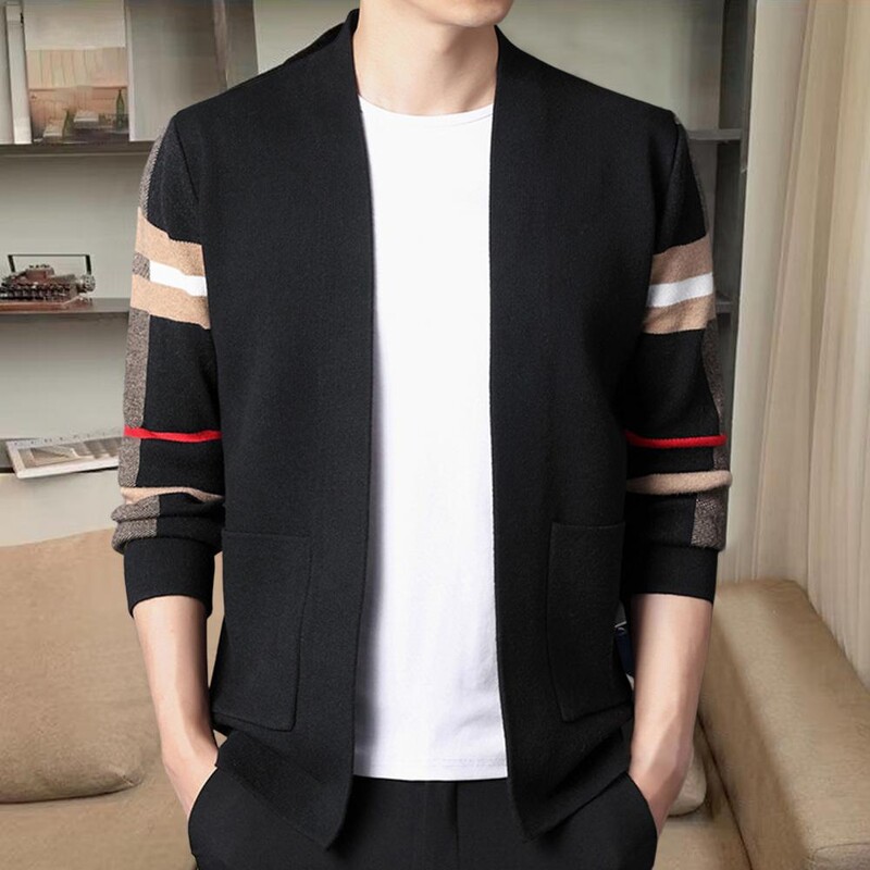 Pánsky módny luxusný pletený kardigan s pruhmi, ležérny šál, jarný a jesenný trend 2023, pánsky kabát