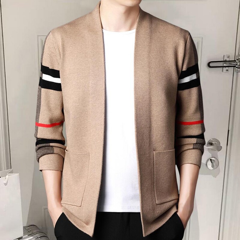 Pánsky módny luxusný pletený kardigan s pruhmi, ležérny šál, jarný a jesenný trend 2023, pánsky kabát