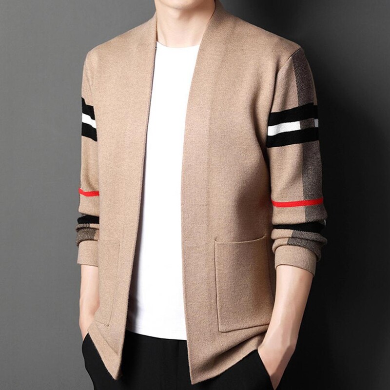 Pánsky módny luxusný pletený kardigan s pruhmi, ležérny šál, jarný a jesenný trend 2023, pánsky kabát