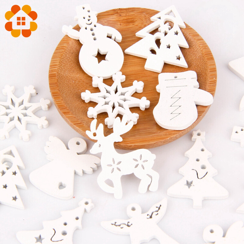 50 buc./lot, multicolore, serie de Crăciun, pandantiv cu așchii de lemn, decorațiuni pentru brad de Crăciun, stea, inimă, fulg de zăpadă, ornamente de Crăciun decor