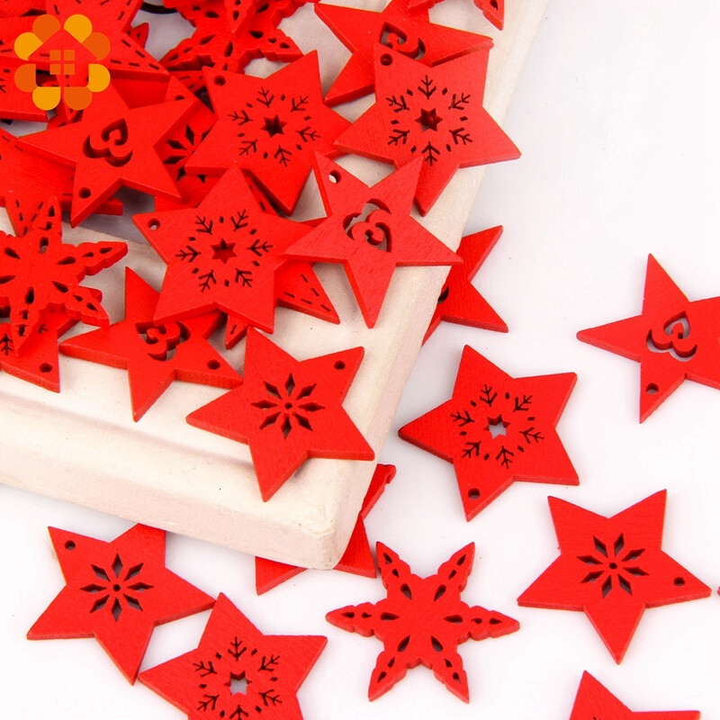 50 buc./lot, multicolore, serie de Crăciun, pandantiv cu așchii de lemn, decorațiuni pentru brad de Crăciun, stea, inimă, fulg de zăpadă, ornamente de Crăciun decor