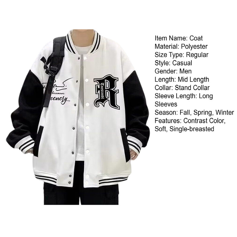 Vīriešu mētelis Street Style jaka Vīriešu High Street stila beisbola mētelis ar burtu apdruku Statīvs apkakle Elastīga svītraina aproce vīriešiem