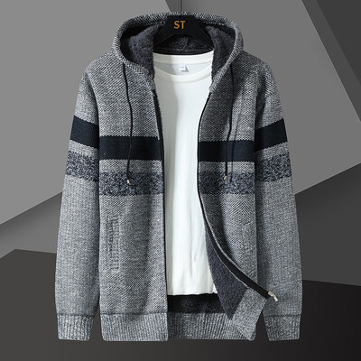 Cardigan cu dungi din fleece de iarnă pentru bărbați, gros, cald, tricotat, cu glugă, pentru bărbați, cu mânecă lungă, ocazional, de tricotat, jachetă, haine