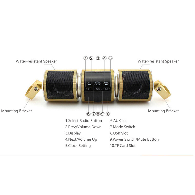 Motocikla EDR audio skaļrunis ūdensizturīgs motociklu stereo FM radio AUX USB TF karte ar Bluetooth saderīgs MP3 atskaņotājs MT487
