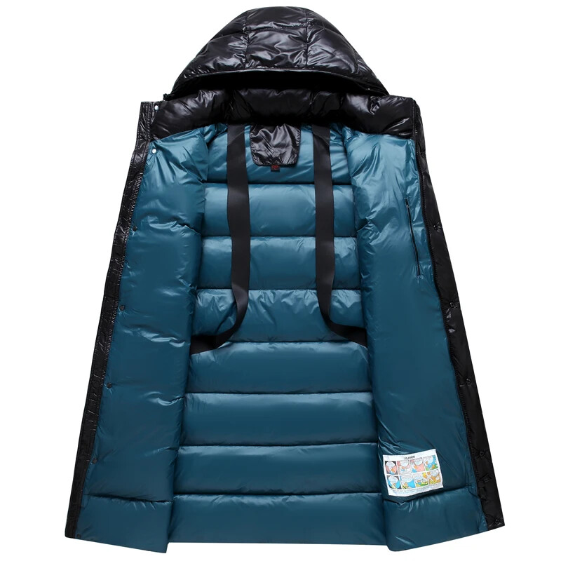 2024. gada jauna ziemas vīriešu dūnu jaka, gara, bieza, silta 90% balta pīļu dūnu jaka Vīriešu ziemas pufīga jaka ar kapuci Parka melns virsdrēbes