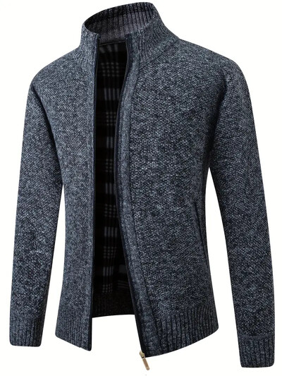 Pulover cardigan de culoare solidă pentru bărbați pentru timpul liber, confortabil și cald, în picioare, cu fermoar, cu guler, pulover