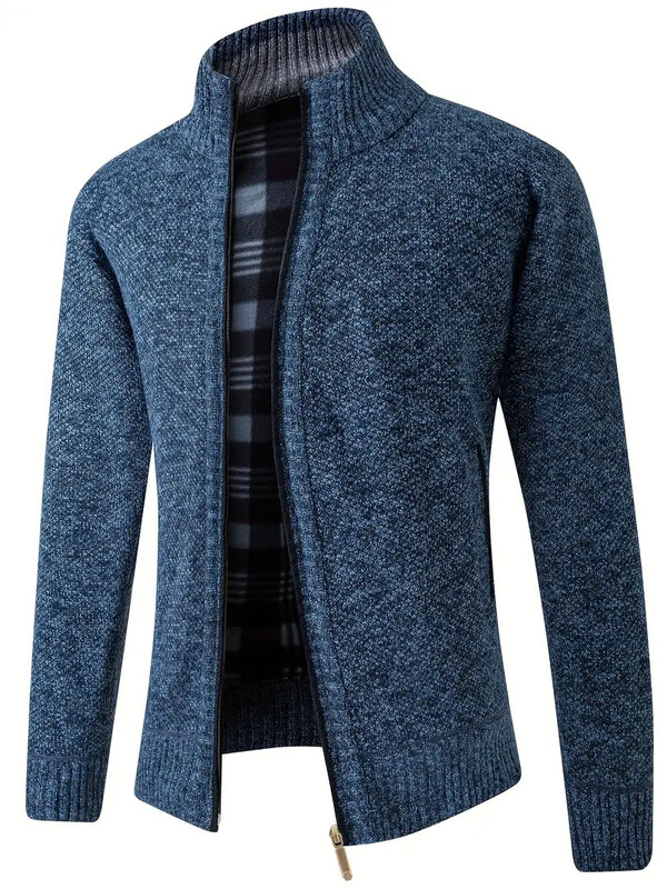 Pulover cardigan de culoare solidă pentru bărbați pentru timpul liber, confortabil și cald, în picioare, cu fermoar, cu guler, pulover