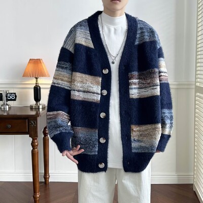 Ανδρικές ζακέτες με ριγέ, κομψή φαρδιά, με λαιμόκοψη με V λαιμόκοψη σε ιαπωνικό στυλ Harajuku Vintage High Street Πλεκτά πουλόβερ All-match Φθινόπωρο
