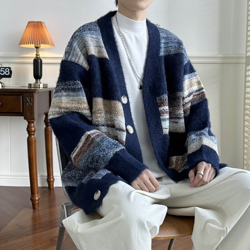 Ανδρικές ζακέτες με ριγέ, κομψή φαρδιά, με λαιμόκοψη με V λαιμόκοψη σε ιαπωνικό στυλ Harajuku Vintage High Street Πλεκτά πουλόβερ All-match Φθινόπωρο