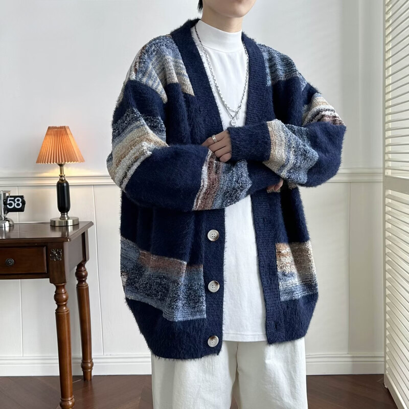 Ανδρικές ζακέτες με ριγέ, κομψή φαρδιά, με λαιμόκοψη με V λαιμόκοψη σε ιαπωνικό στυλ Harajuku Vintage High Street Πλεκτά πουλόβερ All-match Φθινόπωρο