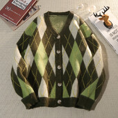 Pulover cardigan cu decolteu în V cu romb retro japonez pentru bărbați, primăvară, toamnă, pulover îngroșat, ocazional, jachetă în stil leneș, estetică