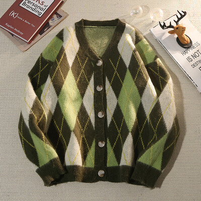 Pulover cardigan cu decolteu în V cu romb retro japonez pentru bărbați, primăvară, toamnă, pulover îngroșat, ocazional, jachetă în stil leneș, estetică