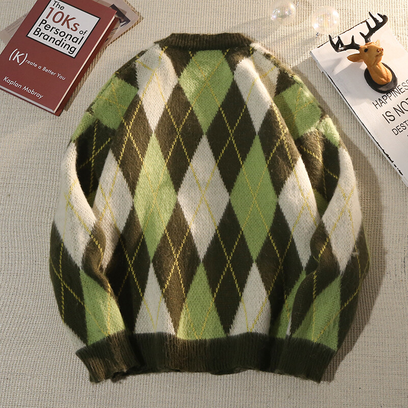 Pulover cardigan cu decolteu în V cu romb retro japonez pentru bărbați, primăvară, toamnă, pulover îngroșat, ocazional, jachetă în stil leneș, estetică