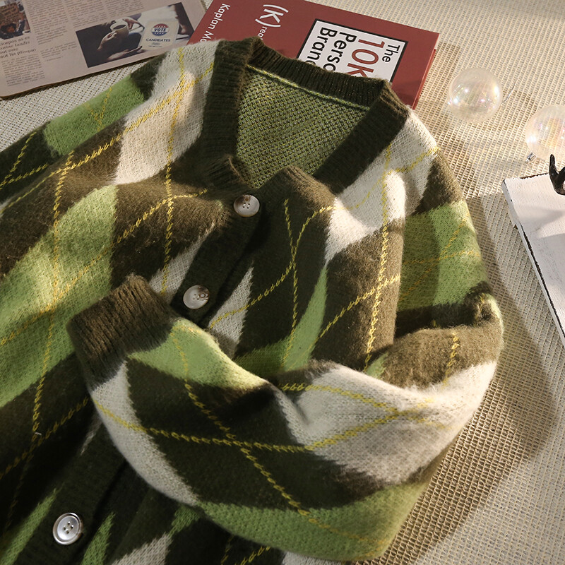 Pulover cardigan cu decolteu în V cu romb retro japonez pentru bărbați, primăvară, toamnă, pulover îngroșat, ocazional, jachetă în stil leneș, estetică