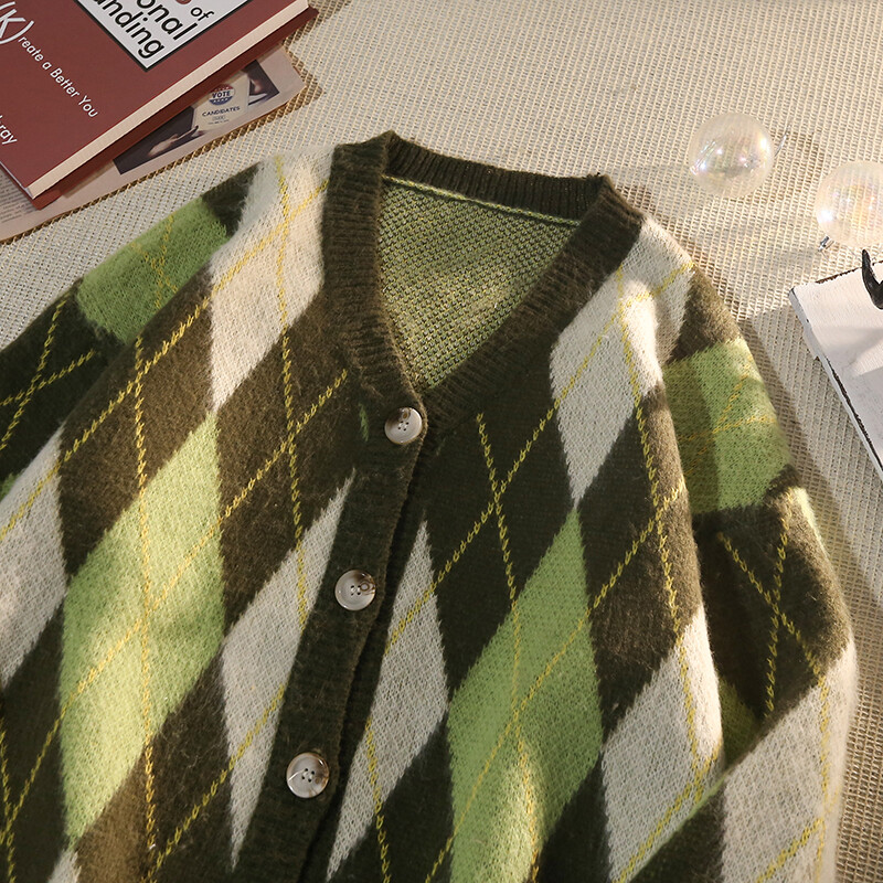 Pulover cardigan cu decolteu în V cu romb retro japonez pentru bărbați, primăvară, toamnă, pulover îngroșat, ocazional, jachetă în stil leneș, estetică