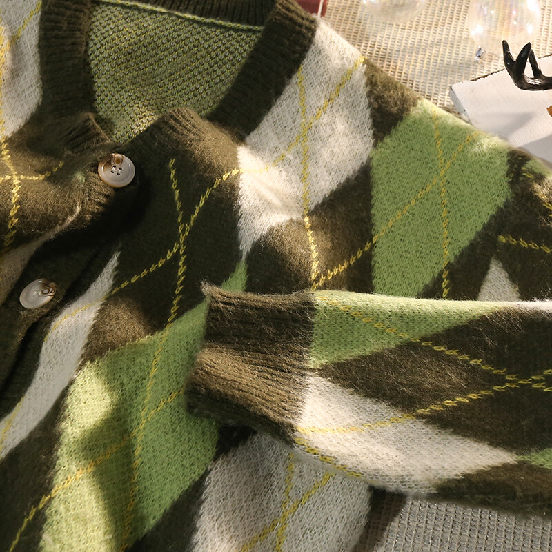 Pulover cardigan cu decolteu în V cu romb retro japonez pentru bărbați, primăvară, toamnă, pulover îngroșat, ocazional, jachetă în stil leneș, estetică