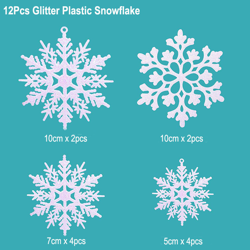 12 buc. Ornamente din plastic cu sclipici de Crăciun, fulgi de nea, pentru brad de Crăciun.