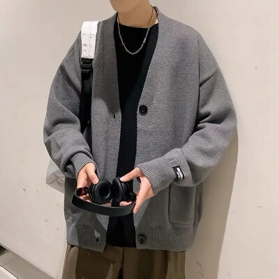 Vīriešu apģērbi ar kabatām Trikotāžas džemperi vīriešiem Mētelis vienkrāsaina vienkrāsaina jaka jaka Icon Icon V kakla pārģērbšanās neglīta korejiešu mode