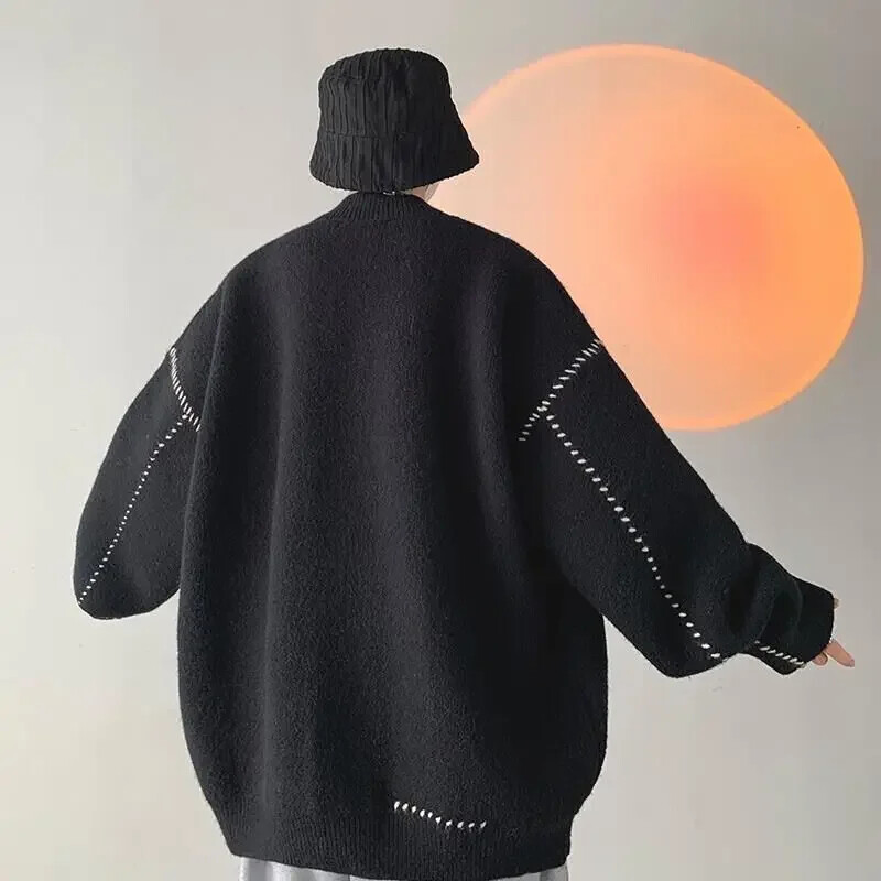 Alb Haine Crewneck Bărbați Pulovere negre tricotate pentru bărbați Cardigan Guler rotund Ugly Old Order 2024 Trend Street Overfit S Gât