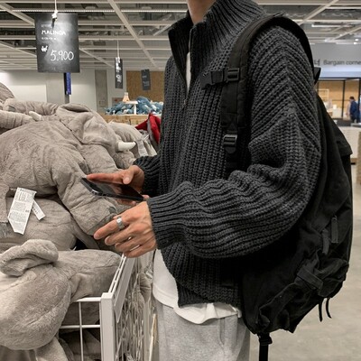 Rudens vīriešu luksusa trikotāžas trikotāžas rāvējslēdzējs jaciņa džemperis, statīvs apkakle vienkrāsains, garām piedurknēm, ikdienas ielas apģērbs, brīvā laika trikotāža