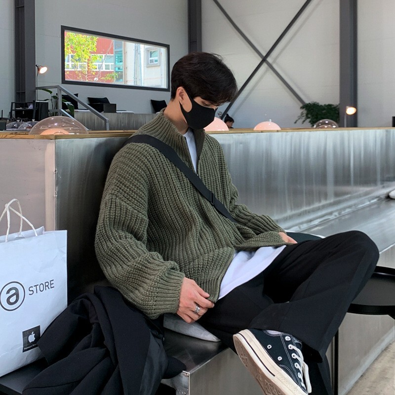 Rudens vīriešu luksusa trikotāžas trikotāžas rāvējslēdzējs jaciņa džemperis, statīvs apkakle vienkrāsains, garām piedurknēm, ikdienas ielas apģērbs, brīvā laika trikotāža