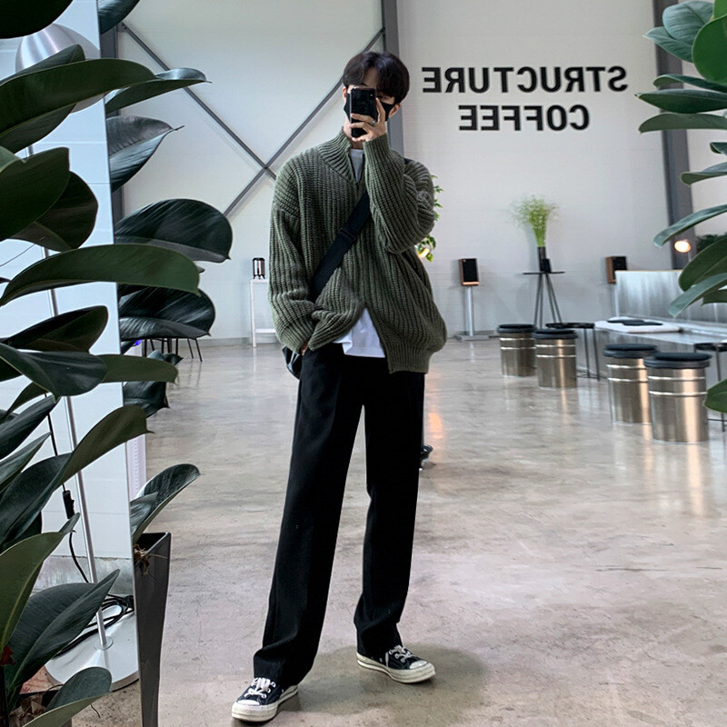 Rudens vīriešu luksusa trikotāžas trikotāžas rāvējslēdzējs jaciņa džemperis, statīvs apkakle vienkrāsains, garām piedurknēm, ikdienas ielas apģērbs, brīvā laika trikotāža