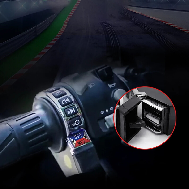 Motocikla signāltaures ar roktura slēdzi Motocikla audio atbalsts FM radio bluetooth TF kartes atskaņošana un USB mobilā tālruņa uzlāde