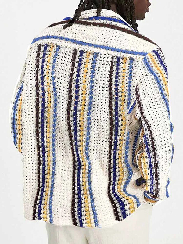 Luksusa svītraini trikotāžas trikotāžas krekli ar garām piedurknēm, pogas atloks Apkakle Trikotāžas krekls Vīriešu topi 2024. gada pavasara ikdienas vīriešu trikotāža