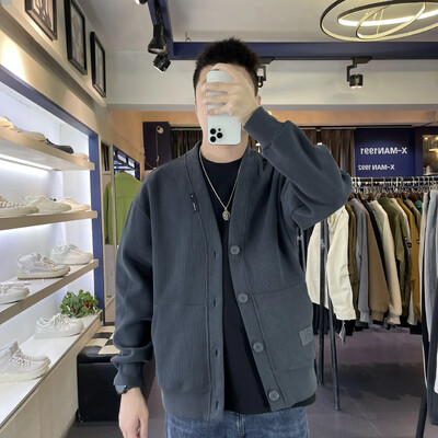 Vīriešu apģērbi ar kabatām Trikotāžas džemperi vīriešiem Jaka melna vienkrāsaina korejiešu rudens lēta mode kokvilnas kakls XS