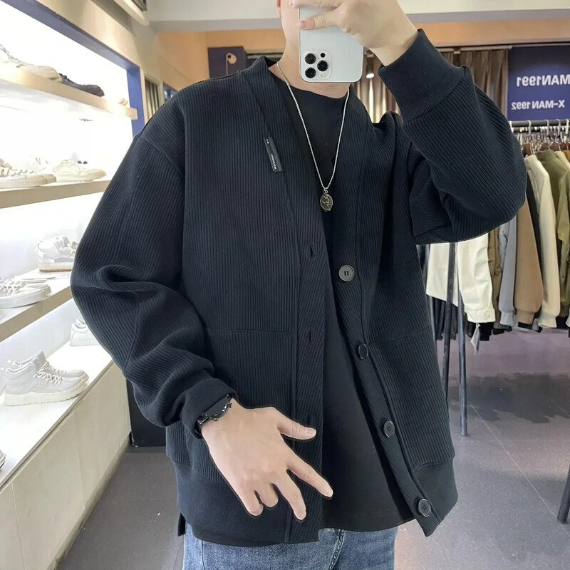 Vīriešu apģērbi ar kabatām Trikotāžas džemperi vīriešiem Jaka melna vienkrāsaina korejiešu rudens lēta mode kokvilnas kakls XS