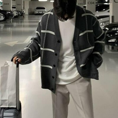 Tricotaj vintage pentru bărbați Cardigan elegant pentru bărbați, cu decolteu în V, cu imprimeu în carouri, pulover, pentru toamna iarnă, îmbrăcăminte de stradă casual