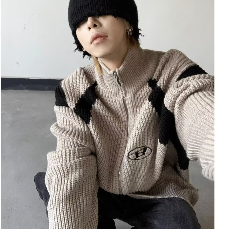 Street Retro Πλεκτή Ζακέτα Ανδρική Ζακέτα διπλής κατεύθυνσης με φερμουάρ Αντίθεση χρώματος Πουλόβερ με μισό ψηλό λαιμό Μπουφάν Κέντημα Απλό Πλεκτό Τοπ