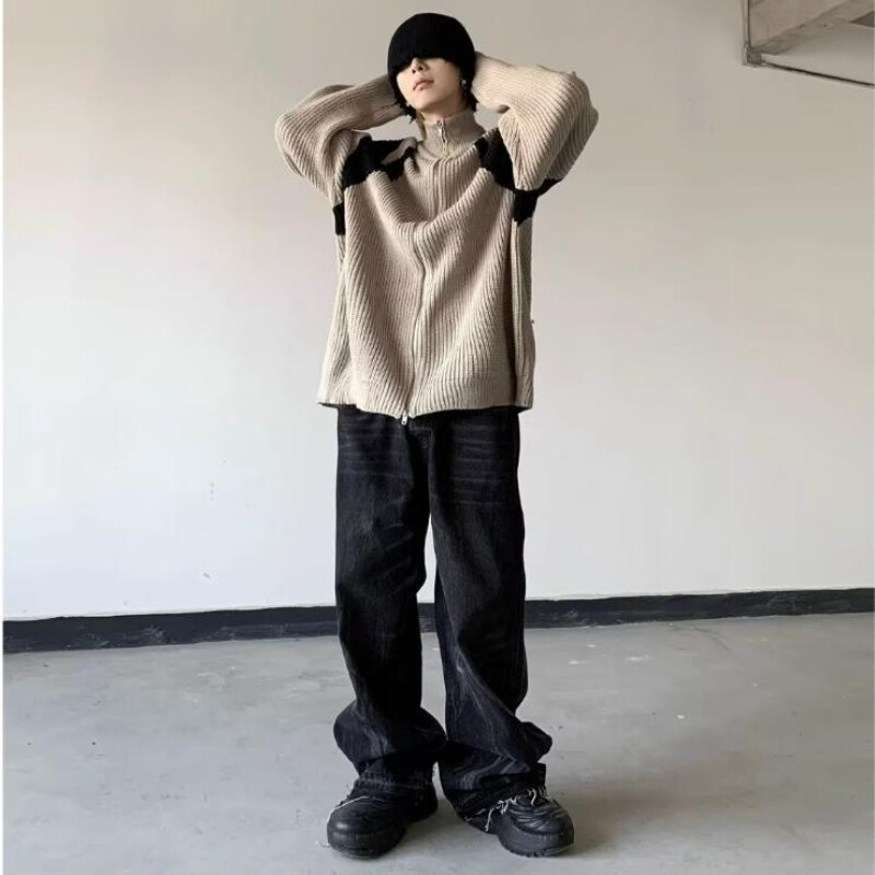 Street Retro Πλεκτή Ζακέτα Ανδρική Ζακέτα διπλής κατεύθυνσης με φερμουάρ Αντίθεση χρώματος Πουλόβερ με μισό ψηλό λαιμό Μπουφάν Κέντημα Απλό Πλεκτό Τοπ