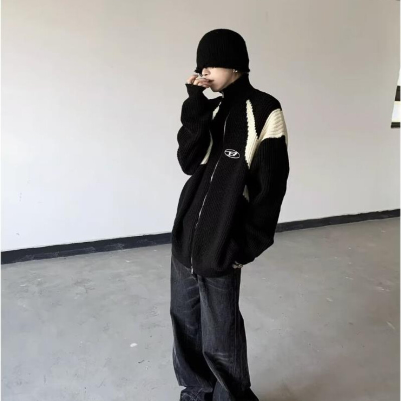 Street Retro Πλεκτή Ζακέτα Ανδρική Ζακέτα διπλής κατεύθυνσης με φερμουάρ Αντίθεση χρώματος Πουλόβερ με μισό ψηλό λαιμό Μπουφάν Κέντημα Απλό Πλεκτό Τοπ