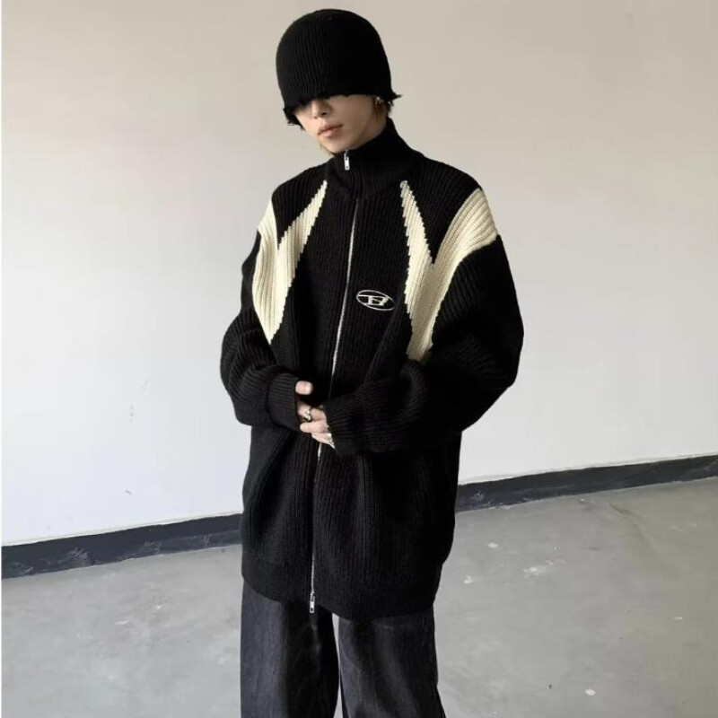 Street Retro Πλεκτή Ζακέτα Ανδρική Ζακέτα διπλής κατεύθυνσης με φερμουάρ Αντίθεση χρώματος Πουλόβερ με μισό ψηλό λαιμό Μπουφάν Κέντημα Απλό Πλεκτό Τοπ