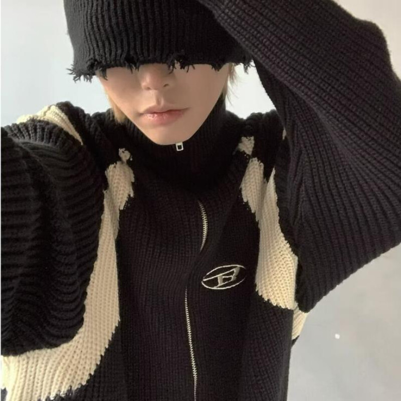 Street Retro Πλεκτή Ζακέτα Ανδρική Ζακέτα διπλής κατεύθυνσης με φερμουάρ Αντίθεση χρώματος Πουλόβερ με μισό ψηλό λαιμό Μπουφάν Κέντημα Απλό Πλεκτό Τοπ