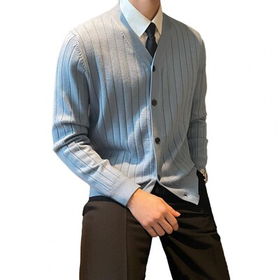 Pulover cardigan cu decorațiuni în dungi Pulover cardigan tricotat pentru bărbați cu decolteu în V Palton pentru toamna iarnă groasă caldă rezistentă la vânt Casual