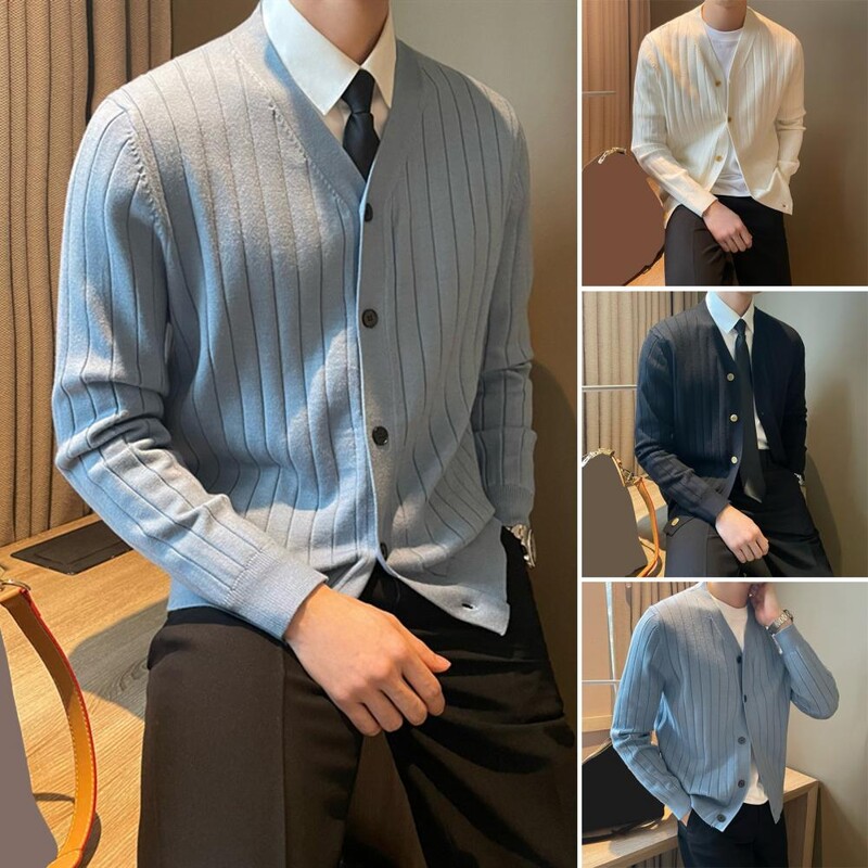 Pulover cardigan cu decorațiuni în dungi Pulover cardigan tricotat pentru bărbați cu decolteu în V Palton pentru toamna iarnă groasă caldă rezistentă la vânt Casual