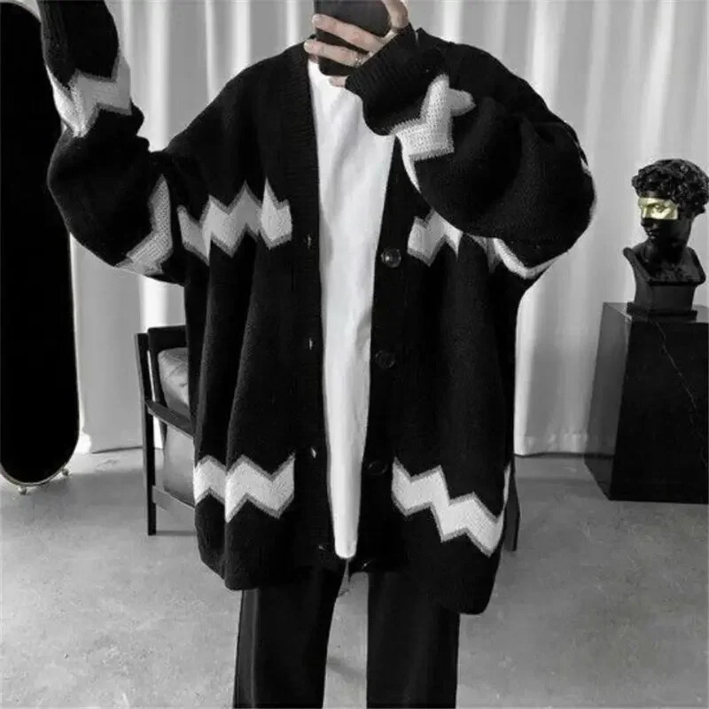 Haine pentru bărbați Pulovere lungi tricotate cu grafic pentru bărbați Pulovere negru cu decolteu în V Cardigan X Y2k Streetwear Loose Fit stil coreean AS